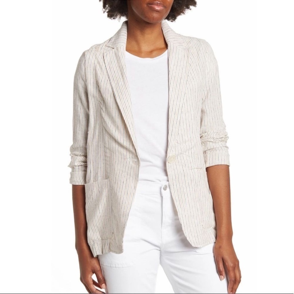 Max Studio Stripe Button Front Linen Blazer